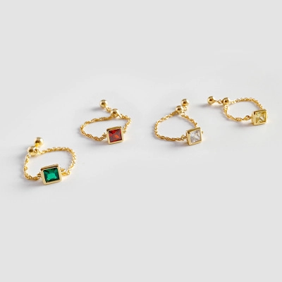 Anillo de Cadena Ajustable de Plata de Ley 925 Bañado en Oro 18K Circonita Cuadrada Piedra Blanca Amarilla Verde Roja Joyería