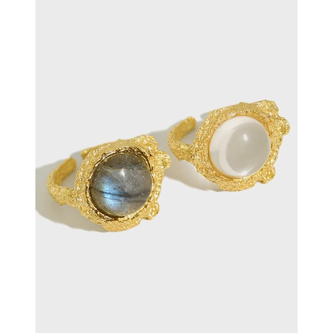 S925 Sterling Silver Labradorite Ring For Women Vintage Lava Texture Synthetic White Crystal Open Adjustable Statement Ring Accessory
