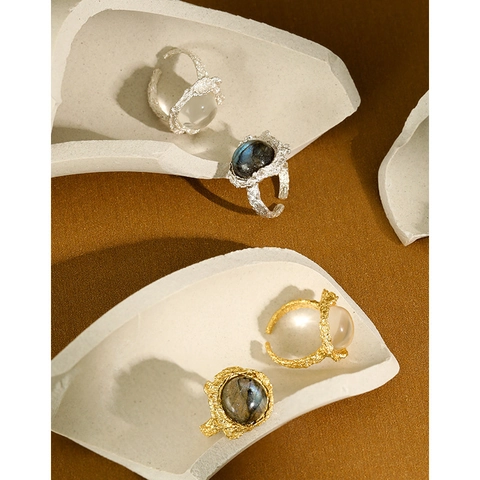 S925 Sterling Silver Labradorite Ring For Women Vintage Lava Texture Synthetic White Crystal Open Adjustable Statement Ring Accessory