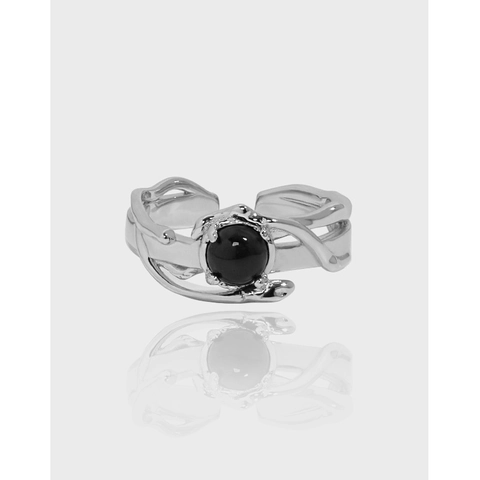 925 Sterlingsilber Offener Ring Für Damen Unregelmäßiges Flüssigmetall-Design Synthetischer Mondstein Schwarzer Achat Verstellbarer Ring