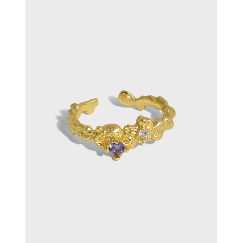 925 Sterling Silver Ακανόνιστη Υφή Ανοιχτό Δαχτυλίδι για Γυναίκες Ένθετο Ζιργκόν Γεωμετρικό Ρυθμιζόμενο Σαμπανιζέ Μπλε Μοβ Κοσμήματα