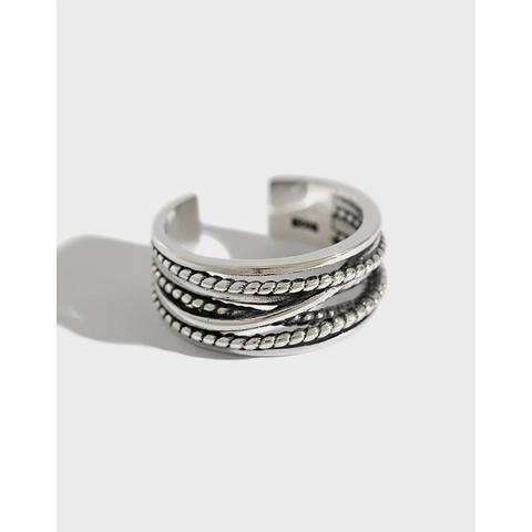 Vintage S925 Sterling Silver Multi Layer Wrap Ring For Women Retro Thai Silver Braided Twist Adjustable Open Ring Jewelry Gift