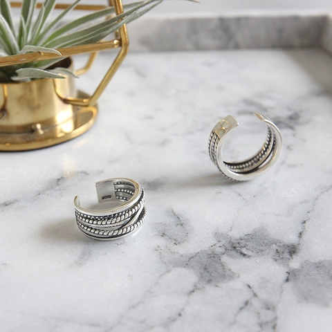 Vintage S925 Sterling Silver Multi Layer Wrap Ring For Women Retro Thai Silver Braided Twist Adjustable Open Ring Jewelry Gift