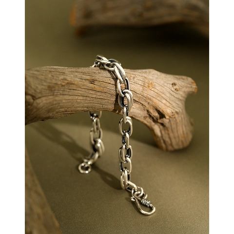 Vintage 925 Sterling Silver Thai Silver Chain Bracelet For Women Minimalist Industrial Style Oxidized Link Bracelet Jewelry Gift