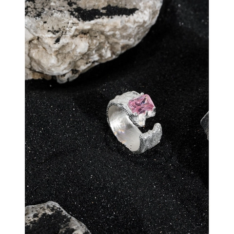 925 Sterling Silver Open Ring For Women Irregular Lava Texture Rectangle Zircon Inlaid Niche Design Minimalist Jewelry