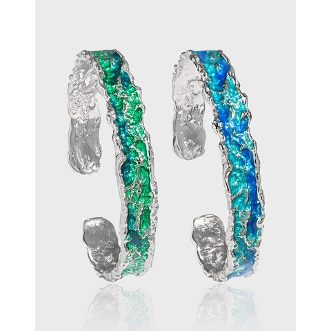Brazalete Abierto de Plata de Ley S925 para Mujer Textura de Lava Irregular Esmalte de Goteo Joyería Artística Estilo Chino Nuevo