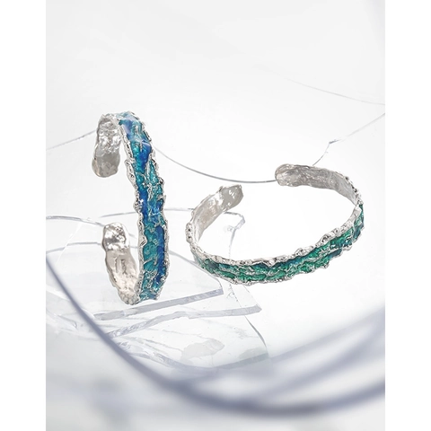 Brazalete Abierto de Plata de Ley S925 para Mujer Textura de Lava Irregular Esmalte de Goteo Joyería Artística Estilo Chino Nuevo