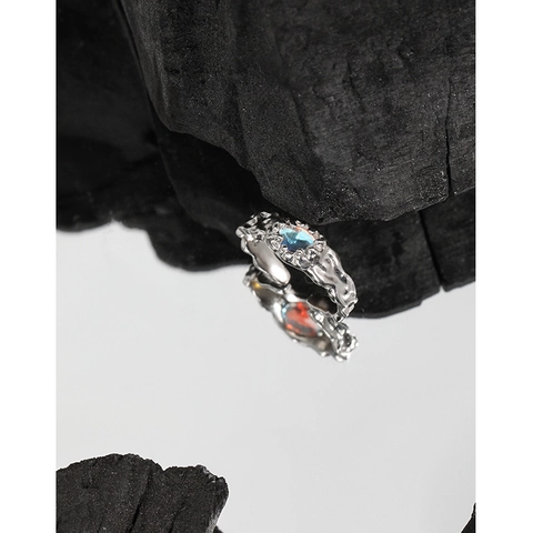 S925 Sterlingsilber Unregelmäßige Lava Textur Offener Ring Für Damen Synthetischer Mondstein Verstellbar Nischendesign Schmuck