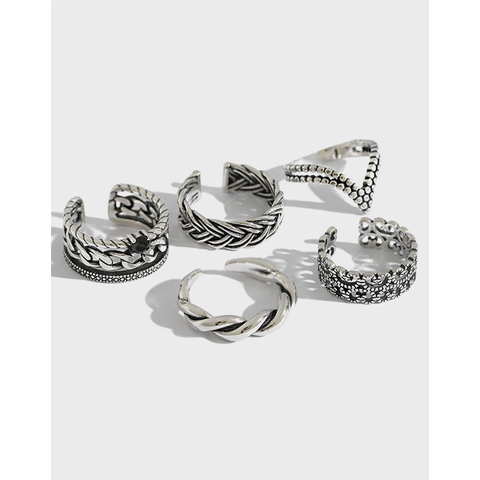Vintage S925 Sterling Silver Adjustable Ring For Women Retro Thai Silver Braided Twist Chain Hollow Flower V Shape Ring