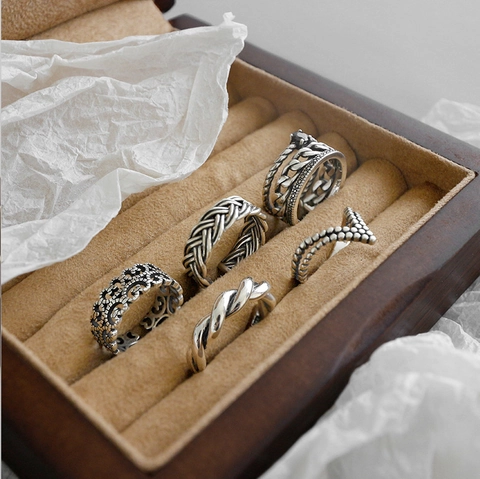 Vintage S925 Sterling Silver Adjustable Ring For Women Retro Thai Silver Braided Twist Chain Hollow Flower V Shape Ring