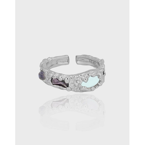 Anello Aperto in Argento Sterling S925 Per Donna Texture Lava Minimalista Zirconia Pietra di Luna Sintetica Anello Regolabile Gioielli