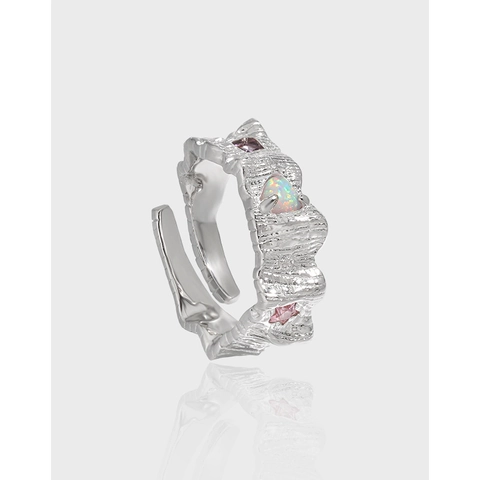 S925 Sterling Silver Irregular Lava Texture Ring With Heart Opal Purple Pink Zirconia Open Adjustable Ring For Women Jewelry