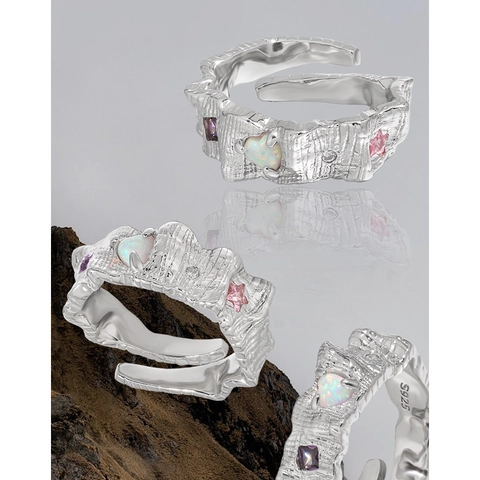 S925 Sterling Silver Irregular Lava Texture Ring With Heart Opal Purple Pink Zirconia Open Adjustable Ring For Women Jewelry