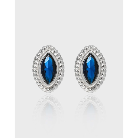 Vintage 925 Sterling Silver Stud Earrings For Women With Blue Marquise Zircon Geometric Twist Border Light Luxury Jewelry