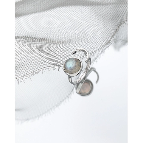 Minimalist S925 Sterling Silver Open Ring For Women Geometric Round Natural Labradorite Adjustable Finger Jewelry Gift