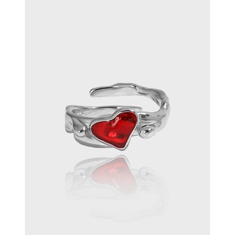 Anillo Abierto Corazón de Plata de Ley S925 Para Mujer Textura de Lava Minimalista Ajustable Oro Blanco Oro de 18K Esmalte Joyería
