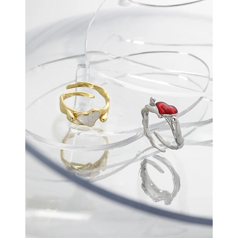 Anillo Abierto Corazón de Plata de Ley S925 Para Mujer Textura de Lava Minimalista Ajustable Oro Blanco Oro de 18K Esmalte Joyería