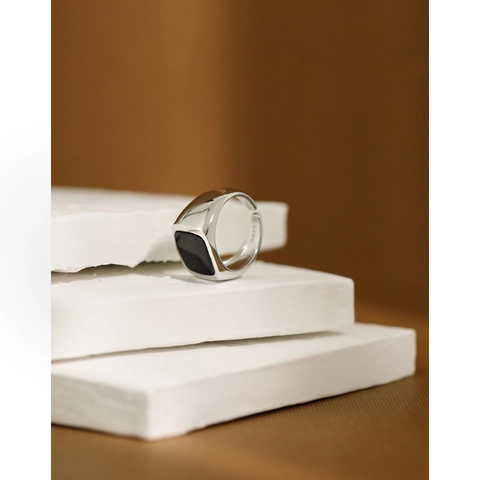 925 Sterling Silver Ring Square Black Enamel Adjustable Open Ring Geometric Signet Minimalist Jewelry For Women Men Gift
