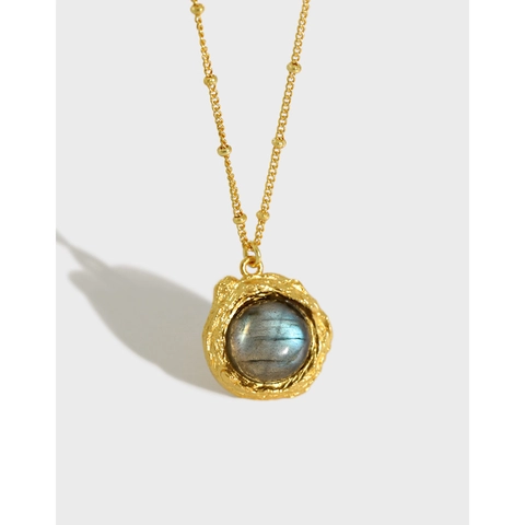 Collier en Argent Sterling 925 Style Ins Français Pendentif Rond Texture Lave Irrégulière Labradorite Cristal Blanc Bijoux Femme