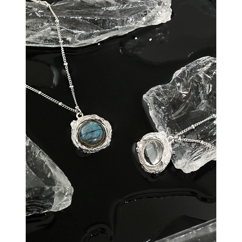 Collier en Argent Sterling 925 Style Ins Français Pendentif Rond Texture Lave Irrégulière Labradorite Cristal Blanc Bijoux Femme