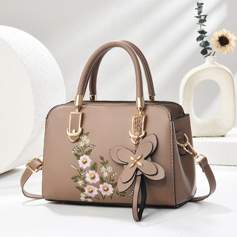 Women Elegant Floral Embroidered Handbag Vintage PU Leather Top Handle Bag Butterfly Charm Gold Hardware Crossbody Shoulder Bag