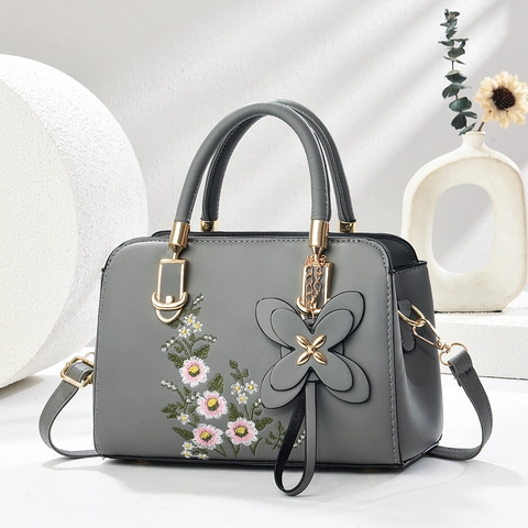 Women Elegant Floral Embroidered Handbag Vintage PU Leather Top Handle Bag Butterfly Charm Gold Hardware Crossbody Shoulder Bag