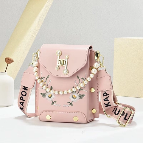 Women Daisy Embroidery Mobile Phone Bag PU Leather Messenger Bag With Artificial Pearl Handle Wide Letter Strap Small Crossbody Bag