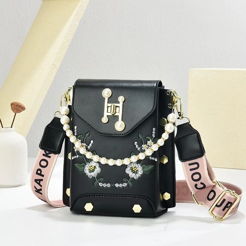 Women Daisy Embroidery Mobile Phone Bag PU Leather Messenger Bag With Artificial Pearl Handle Wide Letter Strap Small Crossbody Bag