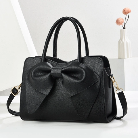 Bolso de Mano de Mujer con Lazo de Cuero PU Textura de Lichi Bolso de Hombro Herrajes Dorados Color Sólido Mensajero