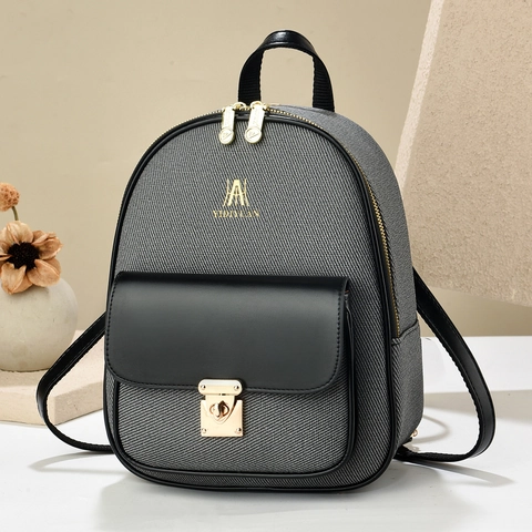 Sac à Dos Femme Mode en Cuir PU et Toile Patchwork Mini Sac à Bandoulière Décontracté de Voyage avec Serrure en Métal Doré