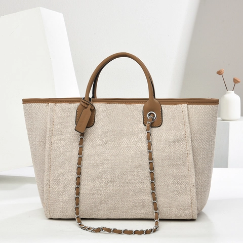 Große Kapazität Leinwand PU Leder Tragetasche Für Damen Einfarbige Handtasche Mit Metallkette Mode Street Style Schultertasche