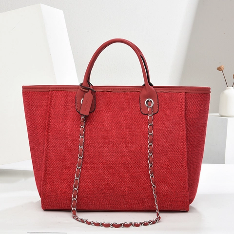 Große Kapazität Leinwand PU Leder Tragetasche Für Damen Einfarbige Handtasche Mit Metallkette Mode Street Style Schultertasche
