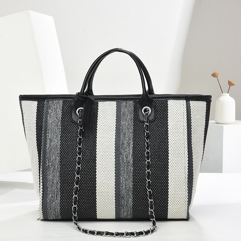 Große Kapazität Damen Längsstreifen Leinwand Tragetasche Mode Kette Schultertasche Lässige Reise Handtasche Umhängetasche