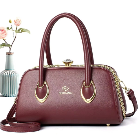 Vintage Rhinestone PU Leather Handbag For Women Elegant Lychee Pattern Shoulder Crossbody Bag Gold Hardware Doctor Bag Fashion Gift