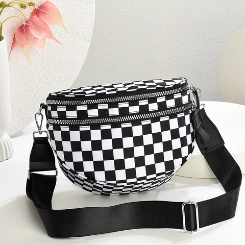 Women Wide Strap Waist Bag Double Zipper Oxford Cloth PU Leather Checkerboard Half Moon Crossbody Bag Daily Travel Purse