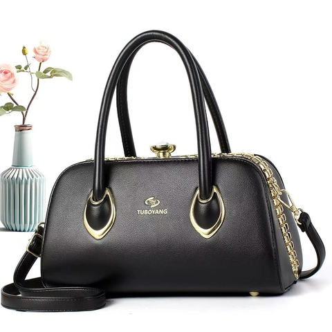 Vintage Rhinestone PU Leather Handbag For Women Elegant Lychee Pattern Shoulder Crossbody Bag Gold Hardware Doctor Bag Fashion Gift