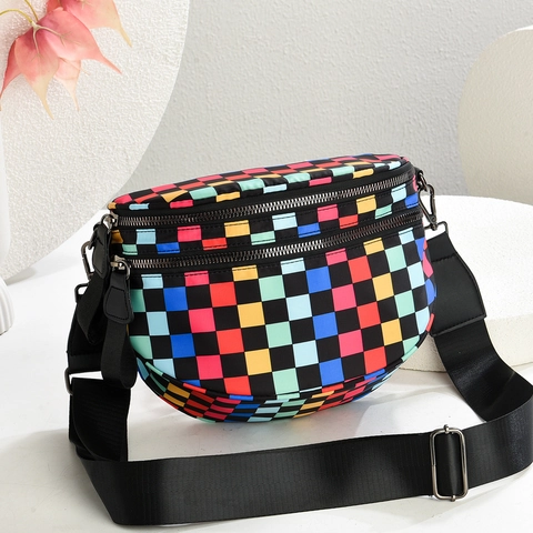 Women Wide Strap Waist Bag Double Zipper Oxford Cloth PU Leather Checkerboard Half Moon Crossbody Bag Daily Travel Purse