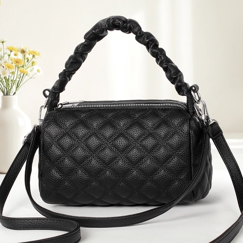 Women Quilted PU Leather Handbag Ruched Handle Crossbody Square Bag With Adjustable Strap Fashion Commute Small Purse