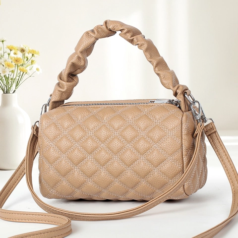 Women Quilted PU Leather Handbag Ruched Handle Crossbody Square Bag With Adjustable Strap Fashion Commute Small Purse