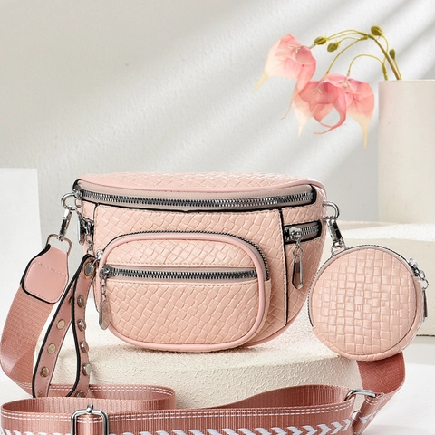 Bolso Bandolera de Cuero PU Tejido para Mujer Mini Monedero Redondo Múltiples Bolsillos con Cremallera Correa Ancha Bolso de Pecho Riñonera de Moda