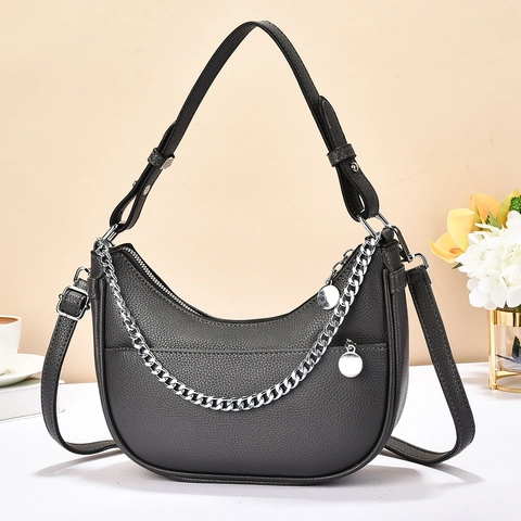 Borsa Dumpling da Donna in Pelle PU con Grana di Ciottolo Catena Argentata Tracolla a Mano Moda Casual Versatile