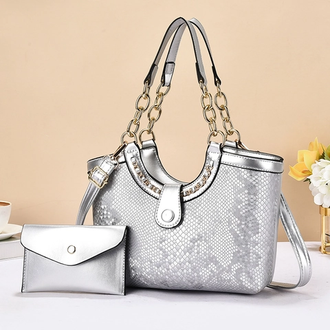 Women Snake Pattern PU Leather Tote Handbag And Envelope Wallet Fashion Chain Handle Shoulder Crossbody Bag