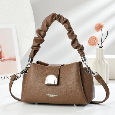 Women Fashion Ruched Handle Bucket Bag Lychee Texture PU Leather Handbag With Adjustable Strap Daily Casual Shoulder Bag