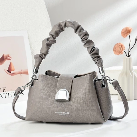 Women Fashion Ruched Handle Bucket Bag Lychee Texture PU Leather Handbag With Adjustable Strap Daily Casual Shoulder Bag