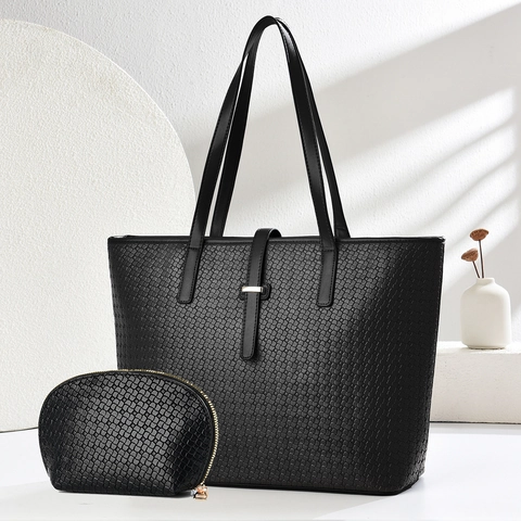 Set Borsa Tote Donna Trama Intrecciata Due Pezzi Grande Capacità Pelle PU Borsa a Spalla Con Pochette Per Pendolari