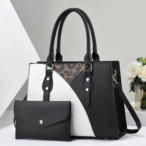 Set di 2 Borse da Donna Tote Color Block Stampa Leopardata in Pelle PU Borsa a Mano a Tracolla Con Pochette Coordinata