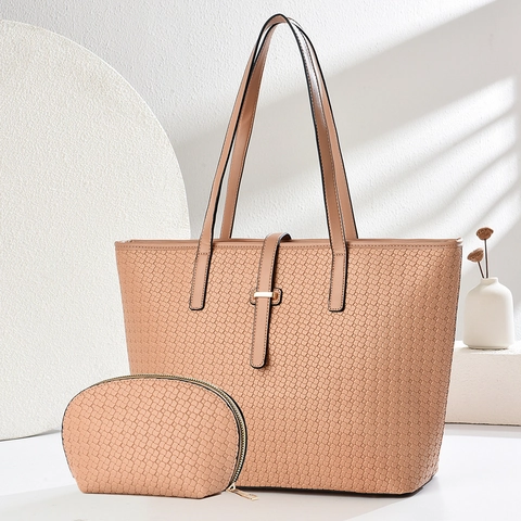 Set Borsa Tote Donna Trama Intrecciata Due Pezzi Grande Capacità Pelle PU Borsa a Spalla Con Pochette Per Pendolari