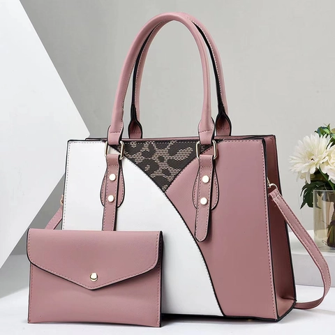 Set di 2 Borse da Donna Tote Color Block Stampa Leopardata in Pelle PU Borsa a Mano a Tracolla Con Pochette Coordinata