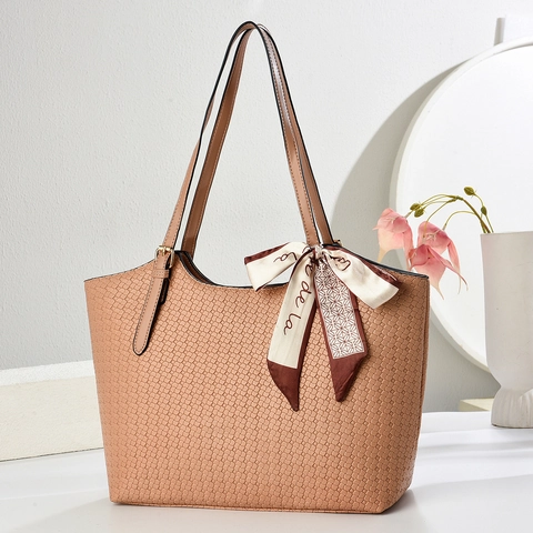 Vintage Webstruktur Tote Bag Für Damen Große Kapazität PU Leder Umhängetasche Mit Dekorativem Halstuch Casual Pendeltasche