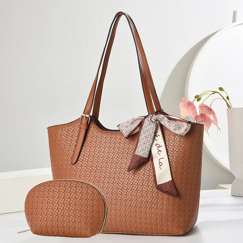 Borsa Tote Intrecciata Da Donna Di Grande Capacità Con Pochette E Decorazione A Foulard In Pelle PU Per Ufficio
